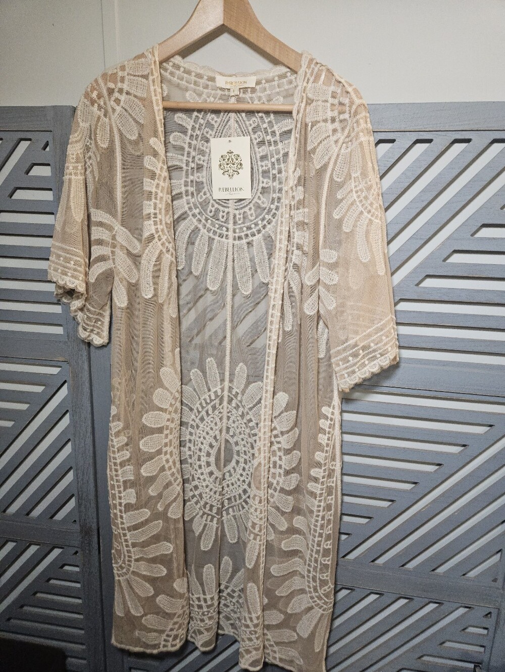 Rebellion Again Kimono Cardigan Womens Small Sheer Lace Floral Embroidered Boho